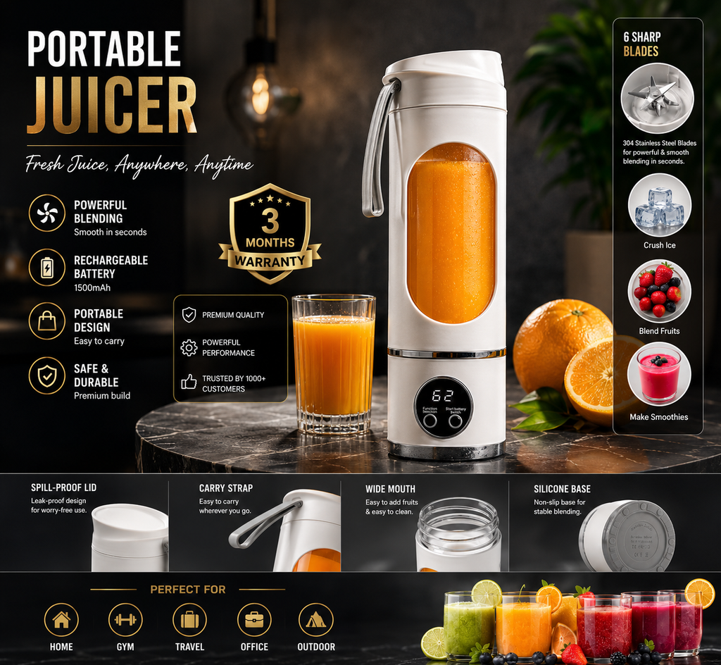 Portable Rechargeable Juicer Bottle | 8 Stainless Steel Blades | USB Charging | Leak-Proof | 400ml
