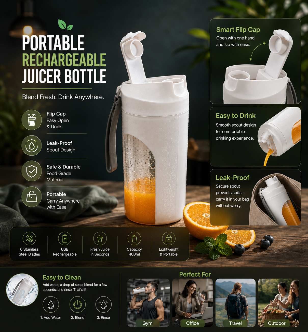 Portable Rechargeable Juicer Bottle | 8 Stainless Steel Blades | USB Charging | Leak-Proof | 400ml