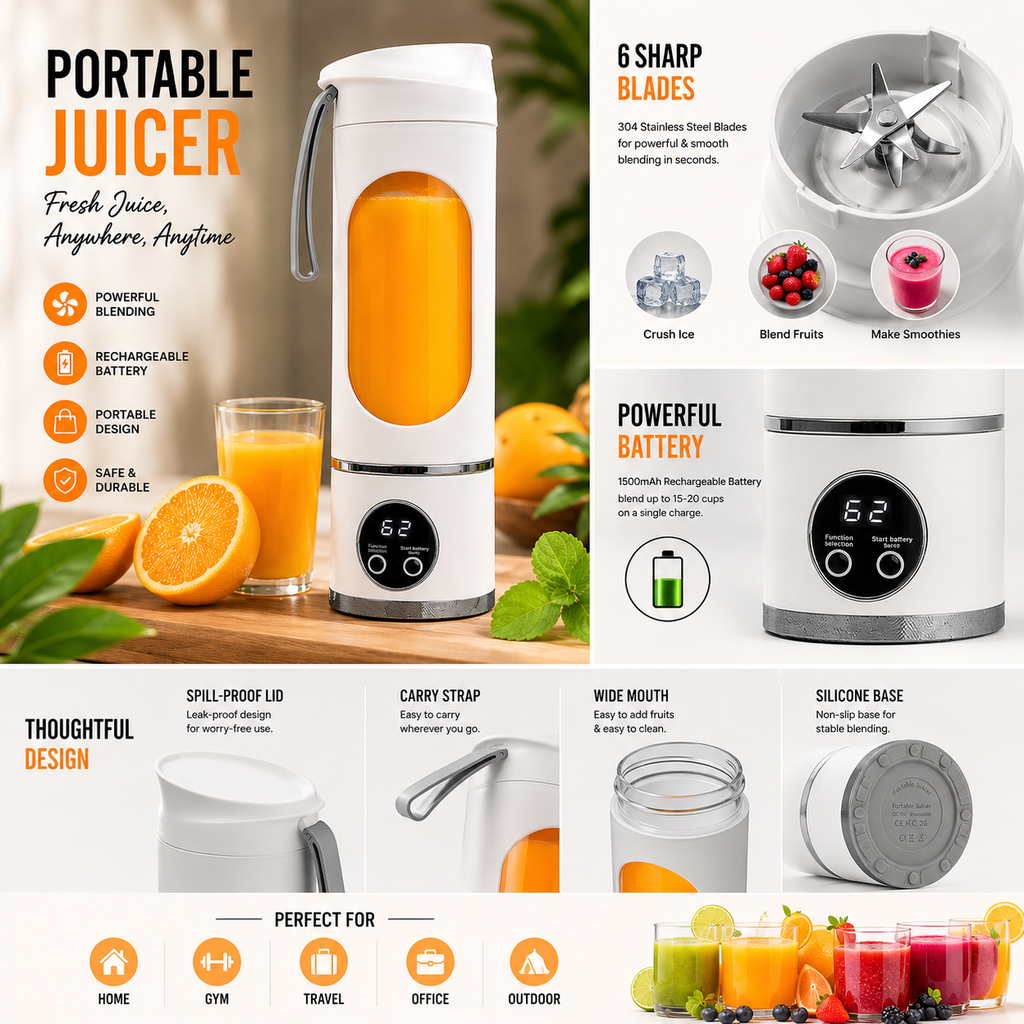 Portable Rechargeable Juicer Bottle – 6 Stainless Steel Blades | Blend Fresh. Drink Anywhere.