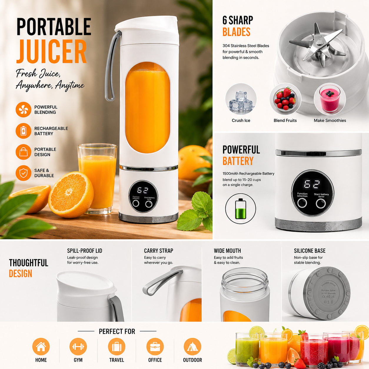 Portable Rechargeable Juicer Bottle – 6 Stainless Steel Blades | Blend Fresh. Drink Anywhere.