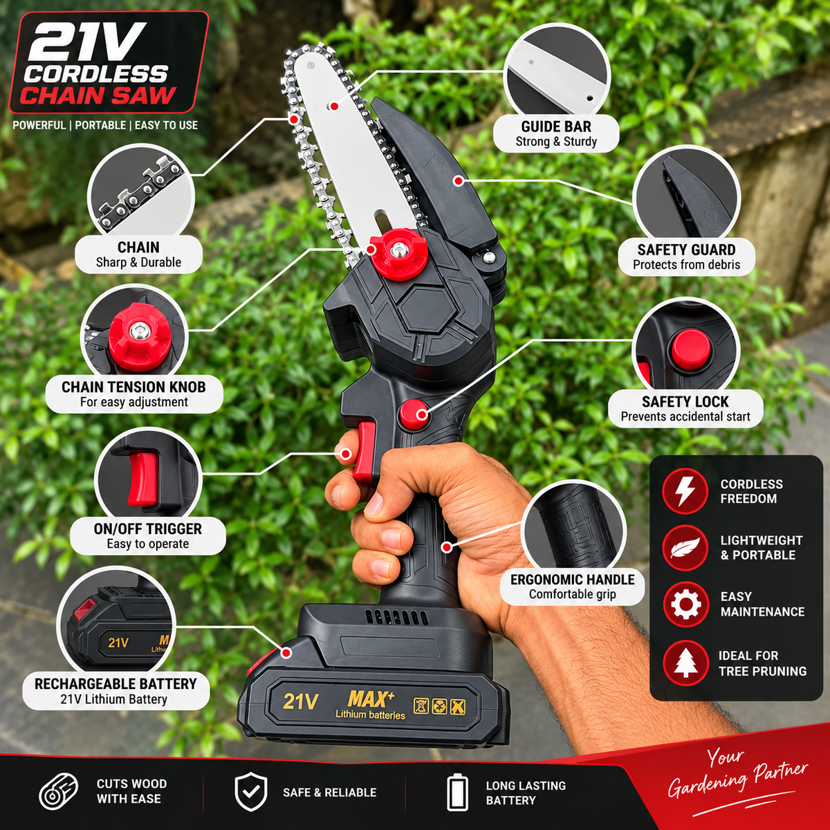 21V Cordless Mini Chainsaw – Powerful Wood Cutting & Tree Pruning Tool