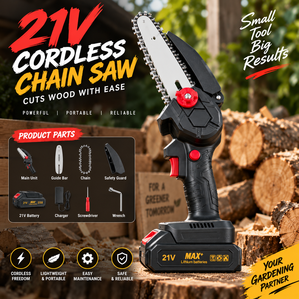 21V Cordless Mini Chainsaw – Powerful Wood Cutting & Tree Pruning Tool