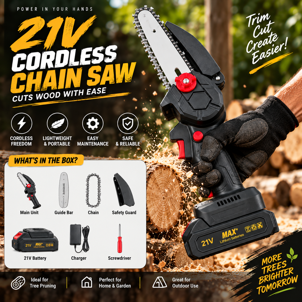 21V Cordless Mini Chainsaw – Powerful Wood Cutting & Tree Pruning Tool