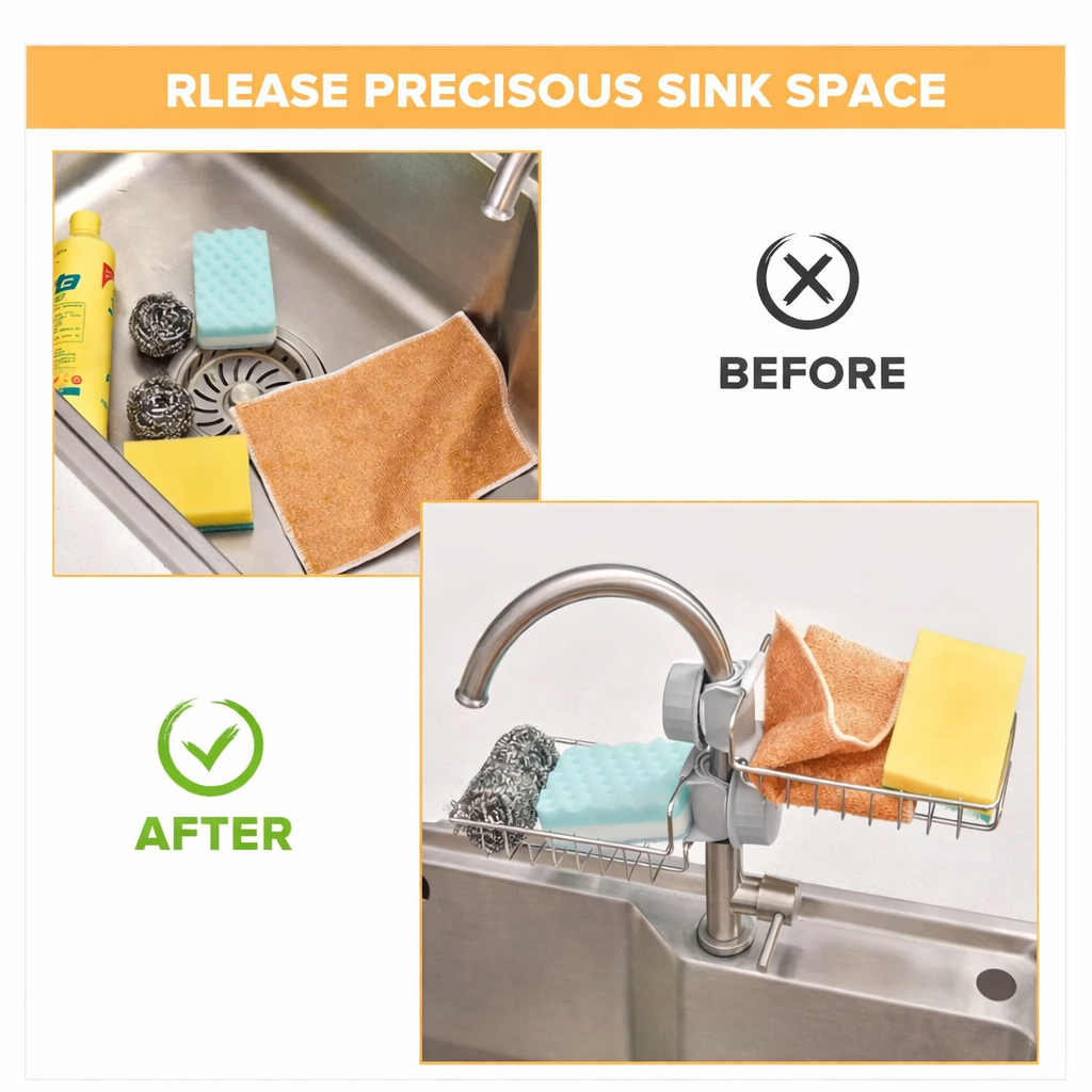 Stainless Steel Faucet Sink Caddy –  with free 10 piece scrubber