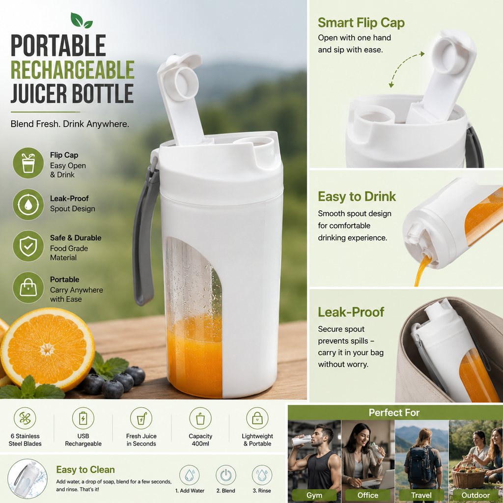 Portable Rechargeable Juicer Bottle – 6 Stainless Steel Blades | Blend Fresh. Drink Anywhere.