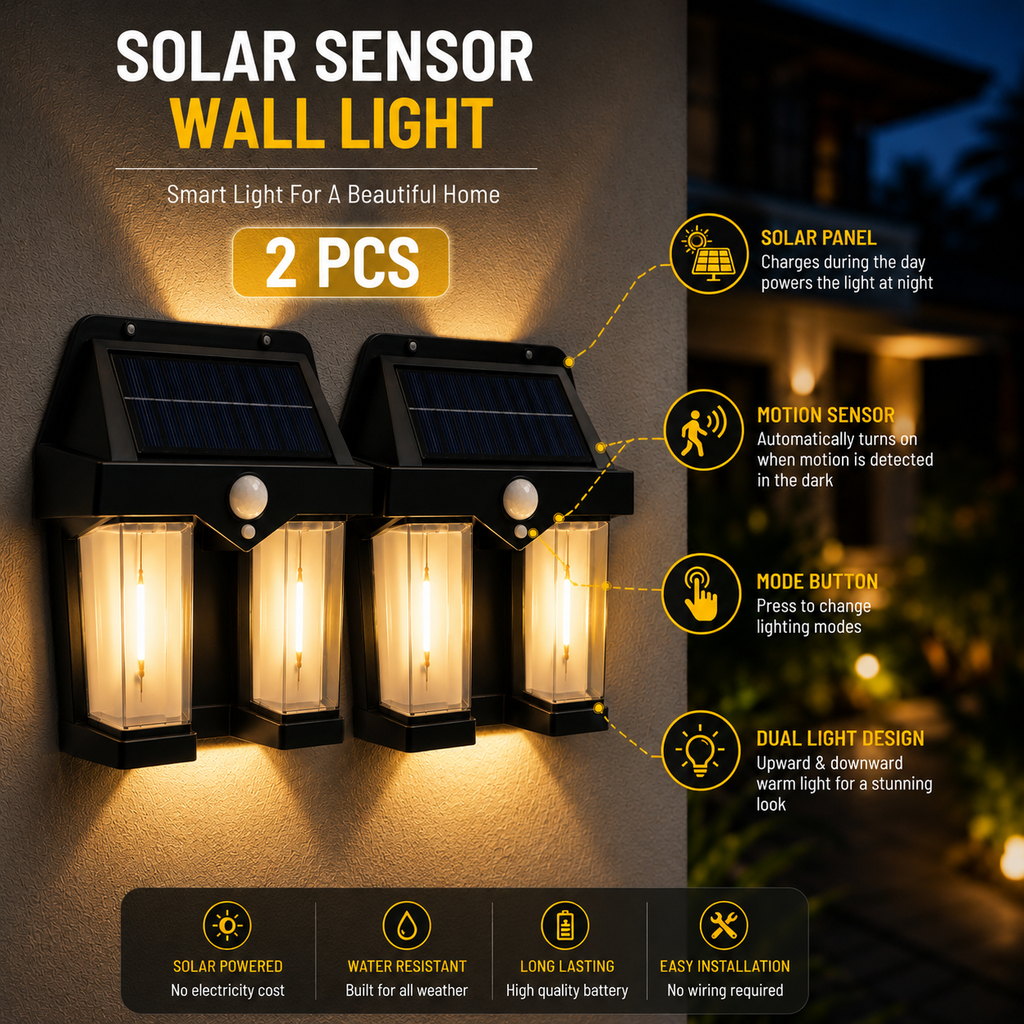 Solar Motion Sensor Wall Light – Dual-Sided Warm LED(2 piece)